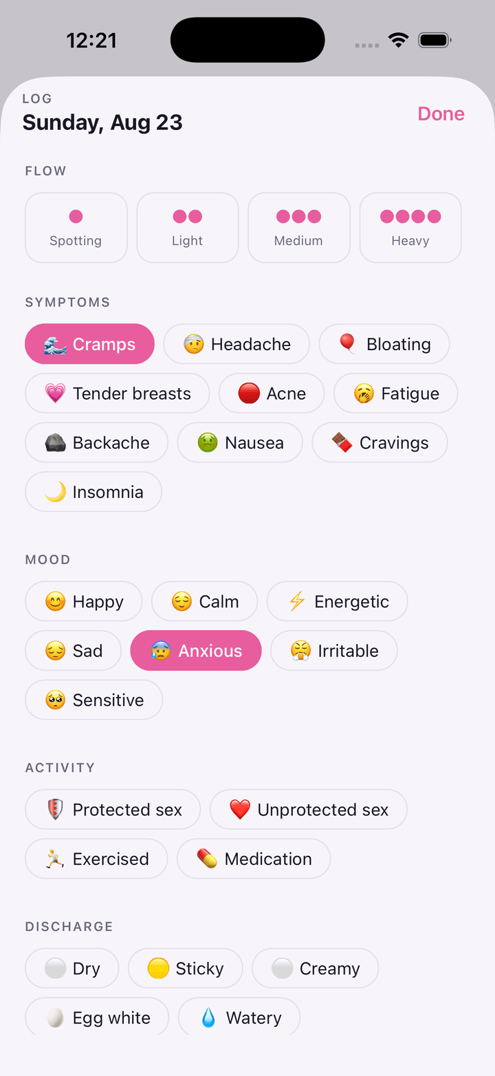 Logging symptoms and mood for the day
